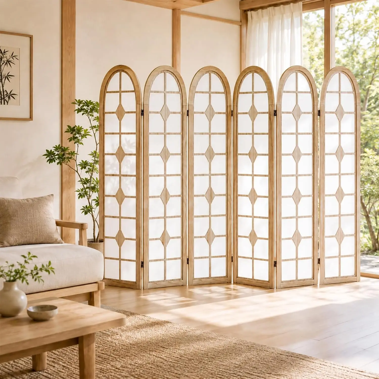 Shoji Screen Divider - Шестипанельная перегородка-ширма из дерева, складная, для